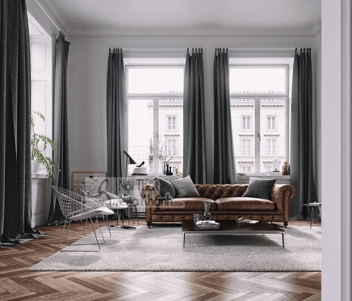 Sofa văng dạng khối màu nâu tạo điểm nhấn đặc biệt cho phòng khách