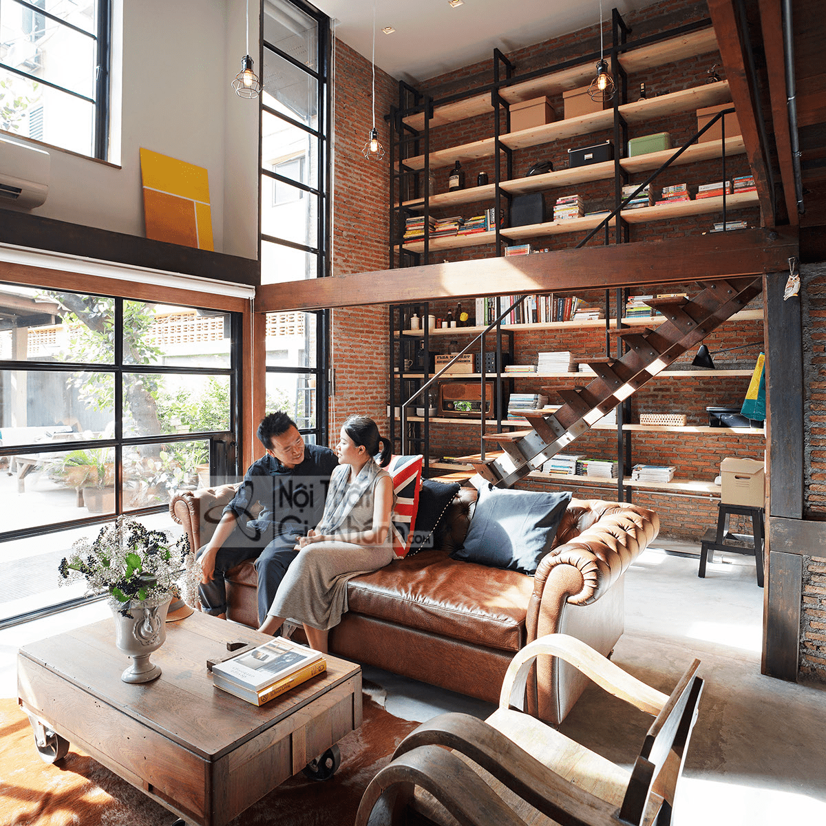 Sofa màu nâu cho phòng khách phong cách công nghiệp gọn gàng