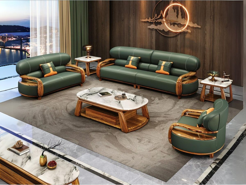Toàn cảnh bộ sofa gỗ Mun nhập khẩu SBF1903-124 trong phòng khách hiện đại, sang trọng. Bộ sản phẩm gồm ba băng sofa và một…