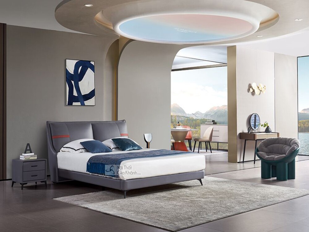 Hình ảnh toàn cảnh phòng ngủ hiện đại, tập trung vào chiếc giường ngủ nhập khẩu GIC021-18 làm trung tâm, thể hiện sự hài h…