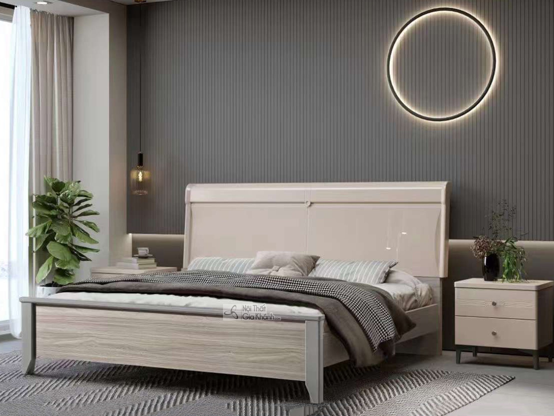 Giường ngủ hiện đại BA-6-1 và hai tủ đầu giường được chụp từ góc hơi chếch bên trái, đặt trong phòng ngủ tông màu xám. Giư…