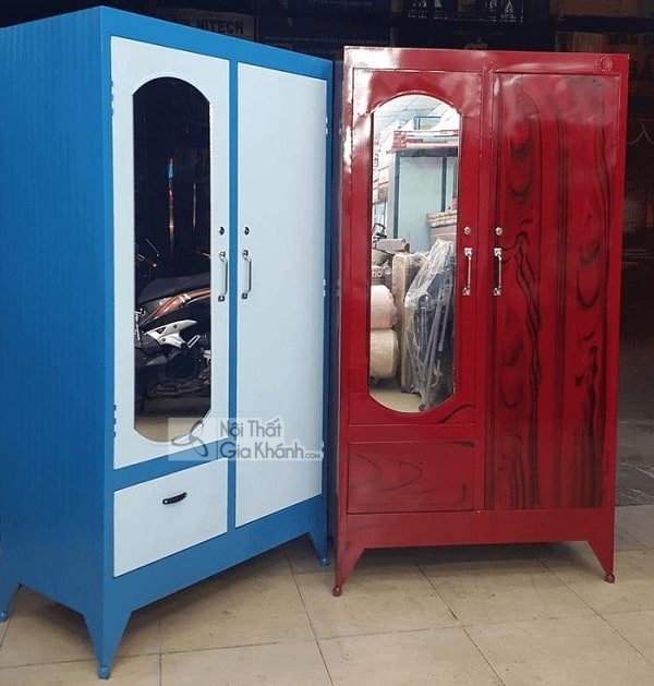 Tủ quần áo nhôm kính 2 buồng có gương soi, chân sơn tĩnh điện