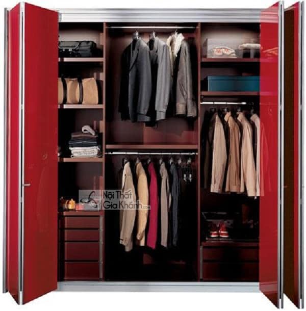 Tủ quần áo bằng alu nhôm 3 buồng cánh xếp màu đỏ rượu hiện đại
