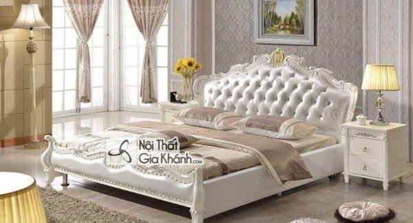 Giường kingsize tân cổ điển màu trắng, đầu giường bọc nệm