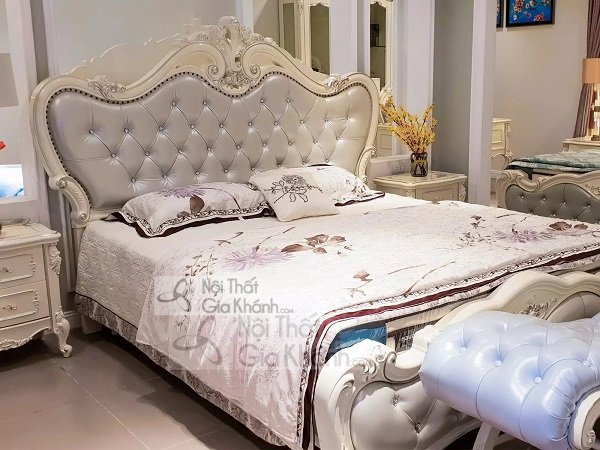 mẫu giường ngủ đẹp màu trắng nhập khẩu GI8802H, đầu giường họa tiết uốn lượn