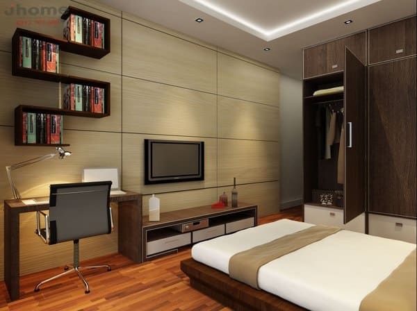 Kệ tivi phòng ngủ gỗ tự nhiên đặt đối diện giường trong phòng ngủ hiện đại