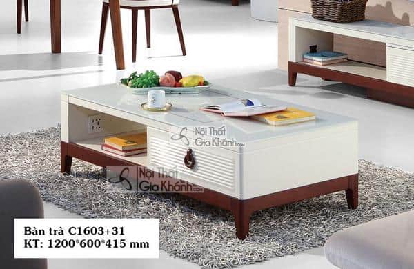 Bàn trà mặt kính phòng khách khung gỗ viền nâu