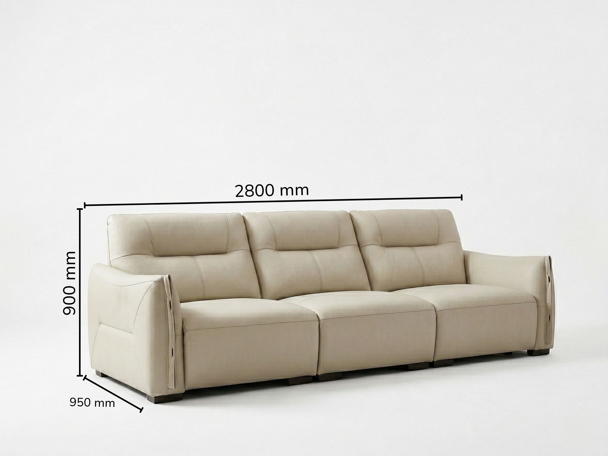 Sofa băng SF-S9007 màu kem nhạt với ba chỗ ngồi, chụp chính diện trên nền trắng studio, kèm theo chú thích kích thước chi…