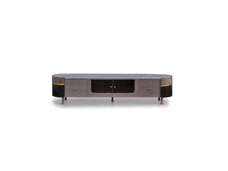 Kệ tivi Luxury Sang Trọng KT8826-20 được chụp chính diện, nổi bật thiết kế hình oval mềm mại và các ngăn chứa tiện dụng. M…