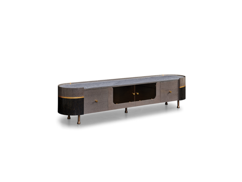 Kệ tivi Luxury Sang Trọng KT8826-20 được chụp từ góc hơi chéo, cho thấy rõ mặt đá màu xám vân nhẹ và phần thân gỗ uốn cong…
