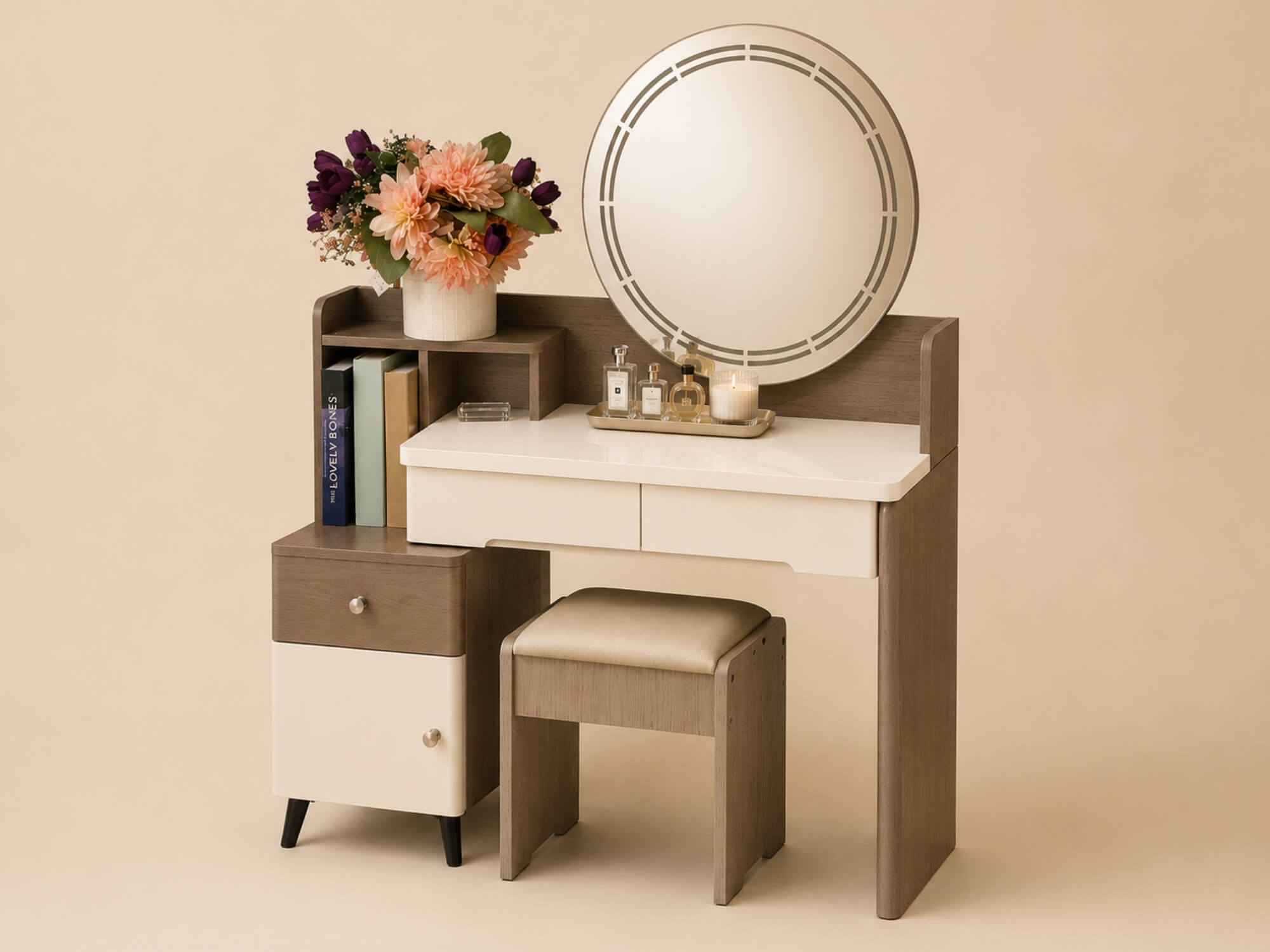 Bộ bàn trang điểm VELLURE BP2301 được chụp trên nền studio màu be nhạt, làm nổi bật đường nét và màu sắc sản phẩm. Bàn có…