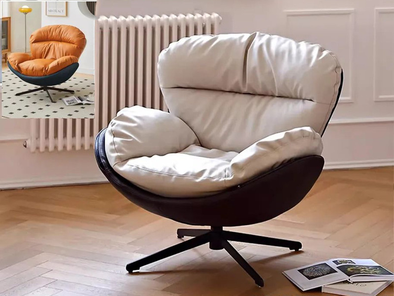 Ghế thư giãn GK01TG phong cách hiện đại, chụp chính diện trong không gian phòng khách tối giản. Ghế có phần vỏ ngoài màu n…