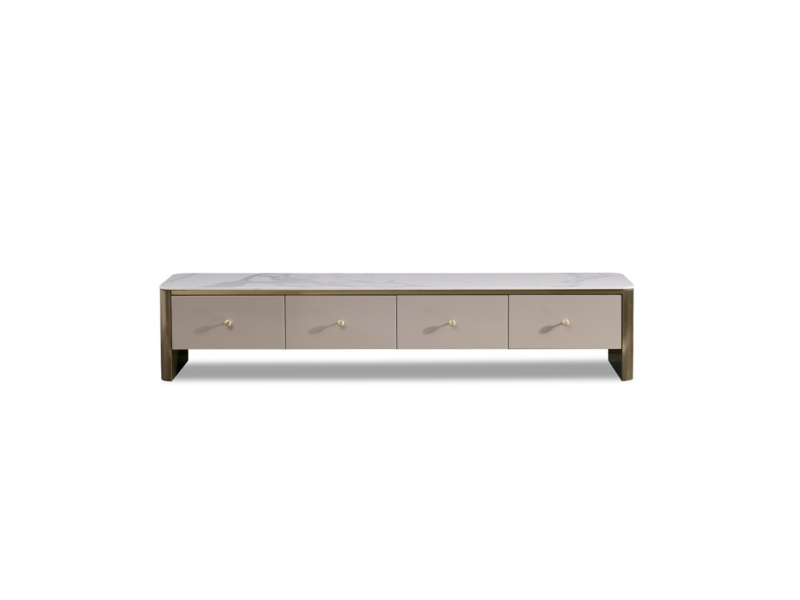 Kệ tivi luxury KT8812-20 được chụp chính diện, nhấn mạnh thiết kế tối giản nhưng tinh tế. Mặt đá trắng vân mây nổi bật trê…