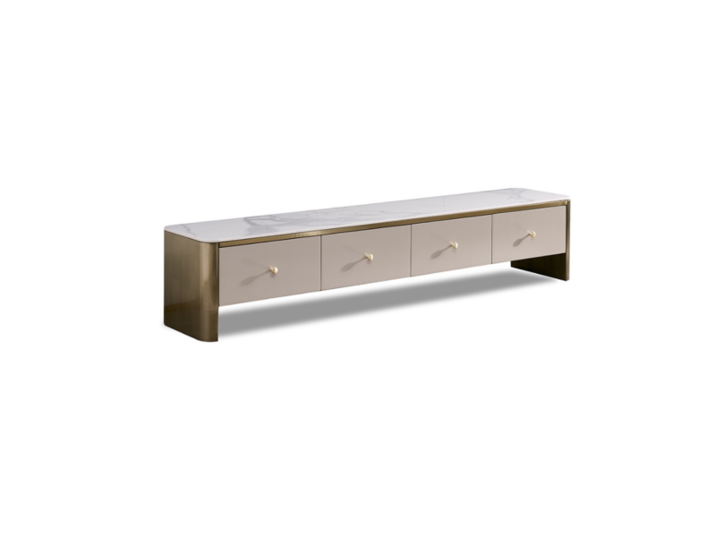Kệ tivi luxury KT8812-20 được chụp từ góc nghiêng, làm nổi bật mặt đá vân trắng tinh tế và phần khung thép không gỉ màu và…