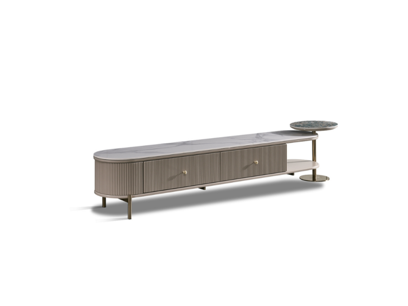 Kệ tivi hiện đại KT8810-22 được chụp từ góc hơi cao, chếch phía trước bên phải, làm nổi bật tổng thể dài và thanh thoát củ…