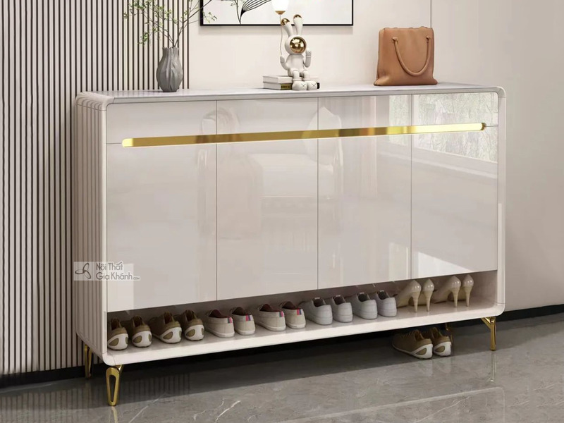 Tủ giày nhập khẩu TDB505 phong cách hiện đại, chụp chính diện trong không gian tiền sảnh. Tủ có bề mặt gỗ MFC phun sơn màu…