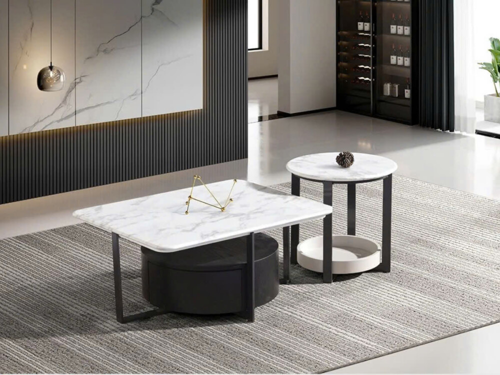 Toàn cảnh bộ bàn trà đôi BT2512A với thiết kế tinh tế, bao gồm một bàn chữ nhật và một bàn tròn nhỏ hơn, đặt hài hòa trên…