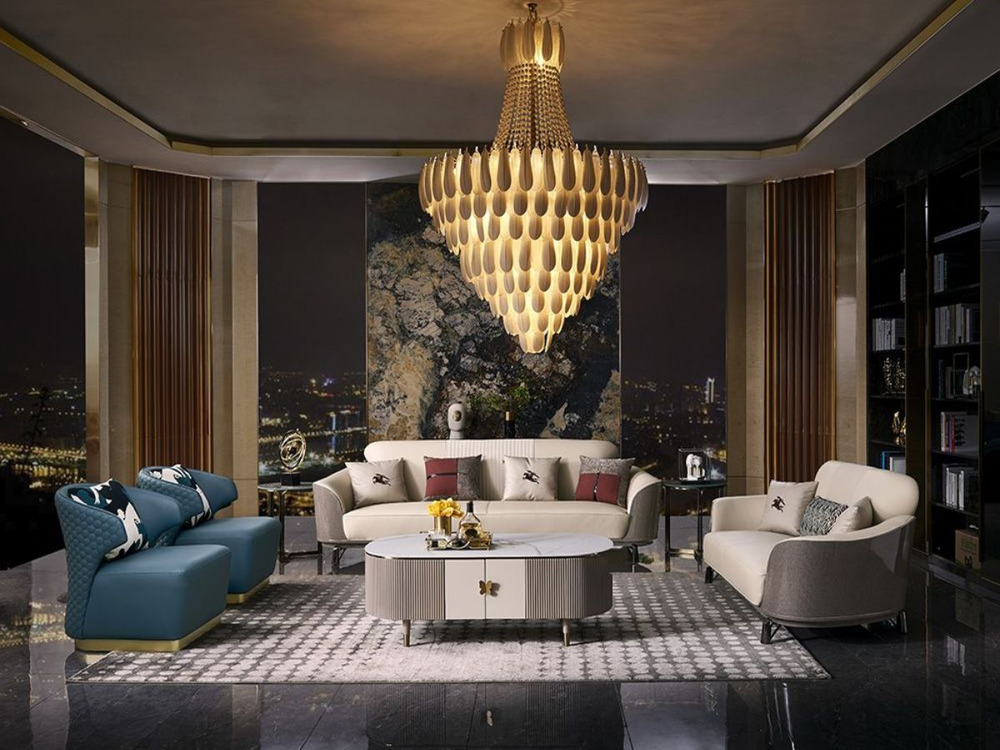 Bộ sofa luxury SBGD17-1123 được bài trí trong không gian phòng khách sang trọng, với sofa băng 3 màu kem, băng 2 màu xanh…