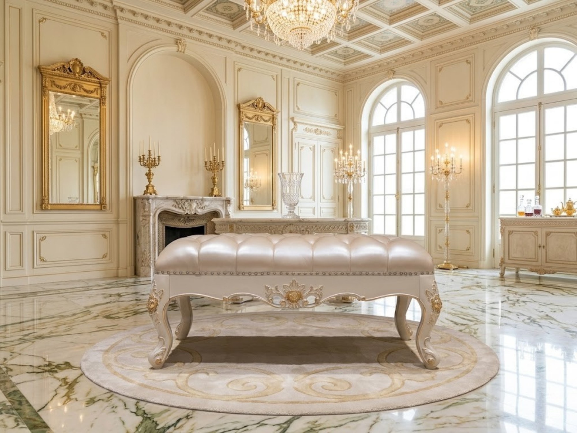 Ghế đôn sofa Élysée DS01TN-110 đặt trong một không gian phòng khách biệt thự rộng lớn, sang trọng. Đôn có mặt bọc da bò mà…