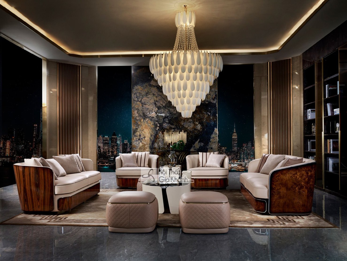 nội thất phòng khách luxury be kem — sofa nhập khẩu bàn trà đá showroom Gia Khánh