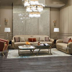 Bộ sofa luxury SBQ50-2 được chụp chính diện trong không gian phòng khách sang trọng, gồm một ghế đơn màu nâu đất, một băng…