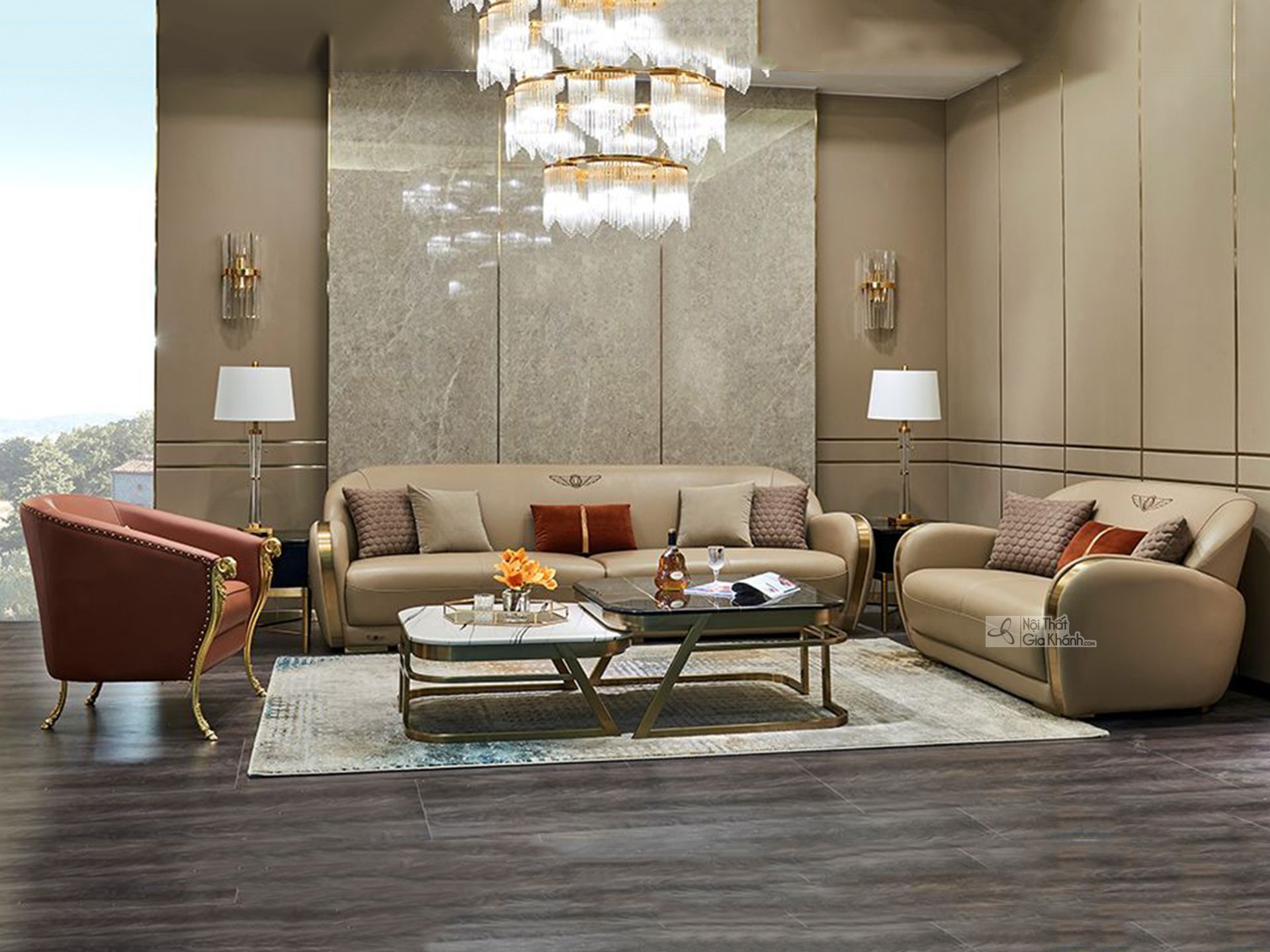 Sofa hoàng gia luxury khung viền mạ vàng gold tông be vàng ánh kim