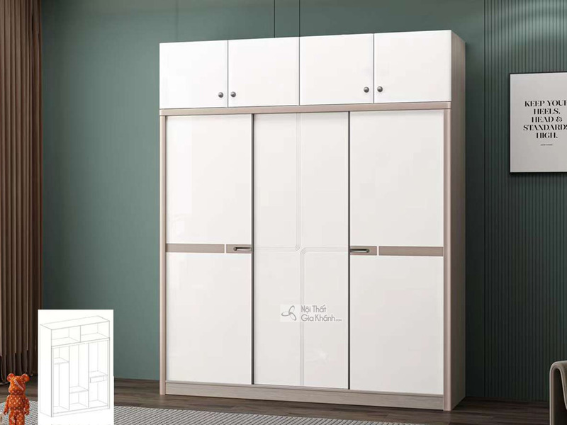 Tủ quần áo hiện đại TA623 chụp chính diện, nổi bật với thiết kế hai tông màu trắng và vân gỗ nhạt. Tủ có bốn cánh lùa ở ph…