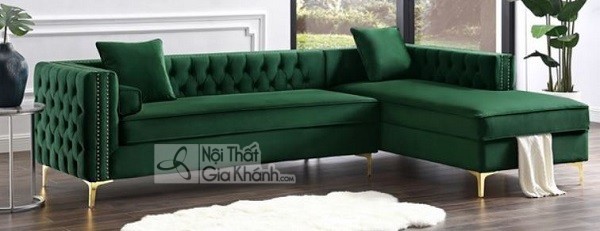 Mẫu sofa góc loại nhỏ màu xanh bọc vải nhung
