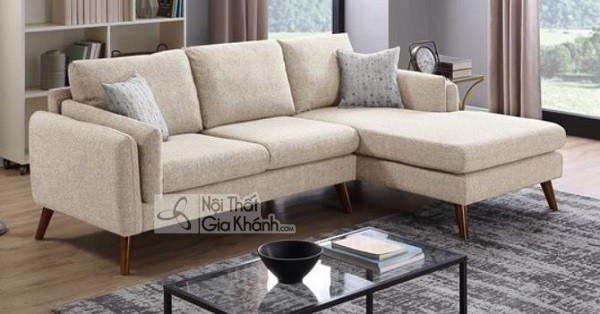 Sofa góc nhỏ gọn màu be bọc nỉ chữ L chân gỗ cao