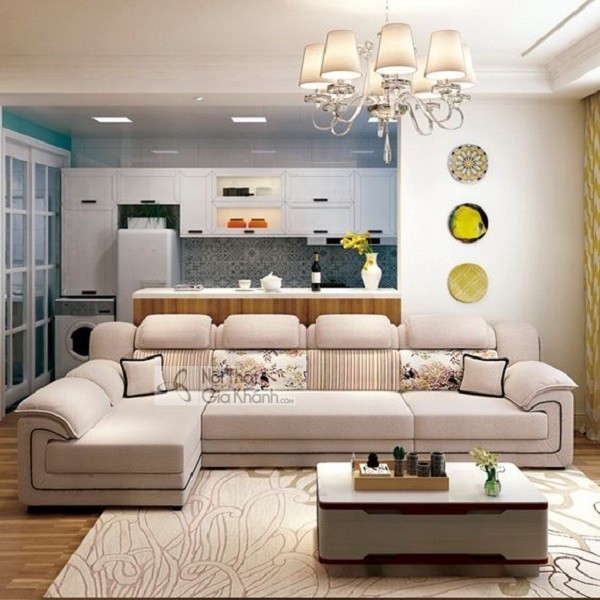 Sofa mini góc chữ L nhỏ đặt trong không gian phòng khách tiện nghi