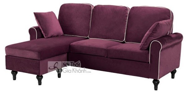 Sofa mini góc màu mận bọc vải nhung viền trắng phong cách cổ điển
