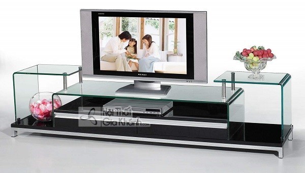 Tủ gỗ kính kệ tivi hiện đại khung nhôm sơn đen bo cạnh an toàn