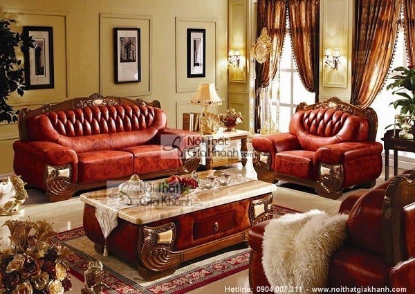Sofa da nâu da bò tân cổ điển KH303SF khung gỗ sồi chạm khắc