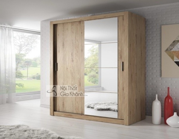 Tủ quần áo cửa lùa 2 cánh gỗ sồi mộc mạc phong cách Rustic có gương