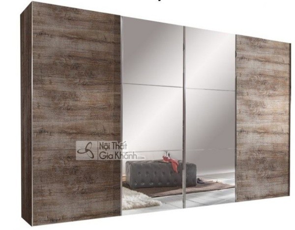 Tủ quần áo cửa lùa gỗ rustic gắn gương