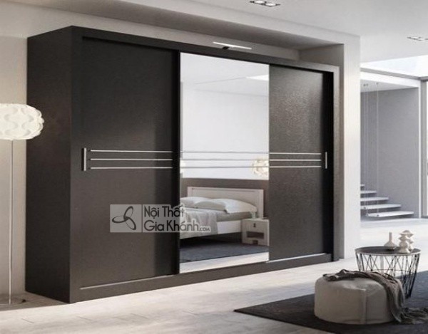 Tủ quần áo cửa lùa 3 cánh gắn gương chính giữa màu đen nhám