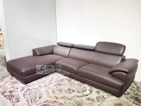 Sofa góc bọc da màu nâu sẫm, tựa đầu gập