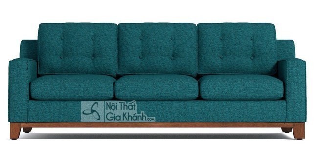 Sofa ba chỗ bọc vải màu xanh cổ vịt, nệm cài nút, chân gỗ