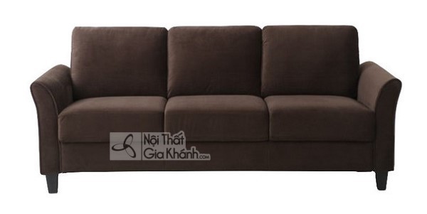 Sofa 3 chỗ bọc vải màu nâu, tay vịn cuộn, chân gỗ