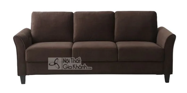 Sofa 3 chỗ bọc vải màu nâu, tay vịn cuộn, chân gỗ