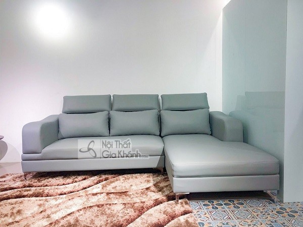 Sofa góc chữ L bọc da màu xám xanh, ba tựa đầu gập