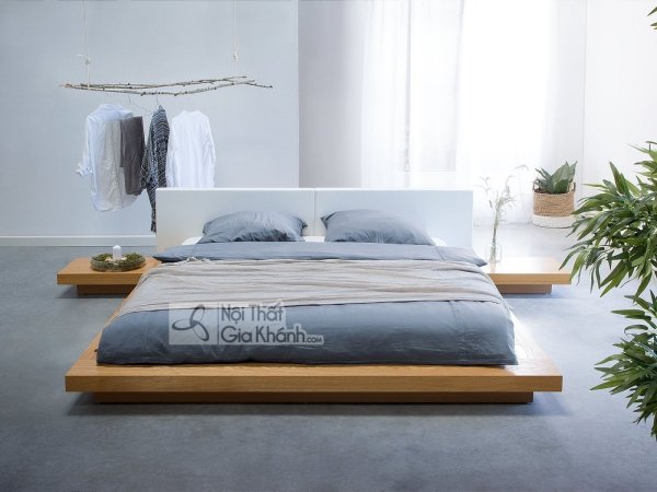 Giường gỗ phủ nệm xanh rất xu hướng