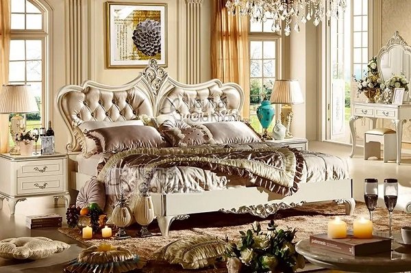 Đường chỉ may và chi tiết hoàn thiện trên lớp da bọc giường ngủ