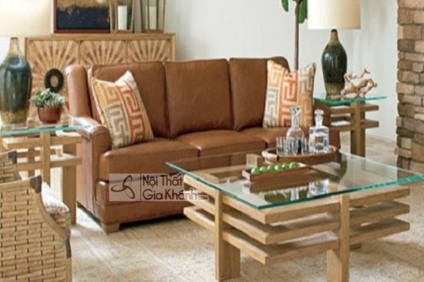 Bàn trà mặt kính kèm bộ sofa da hiện đại