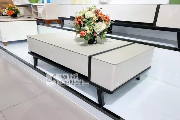 Bàn trà gỗ phòng khách HC5900-1 mặt kính cường lực khung gỗ MFC màu nâu trắng