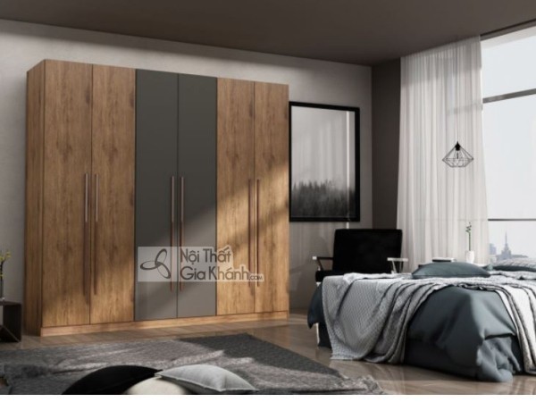Tủ quần áo 6 cánh màu gỗ đối xứng