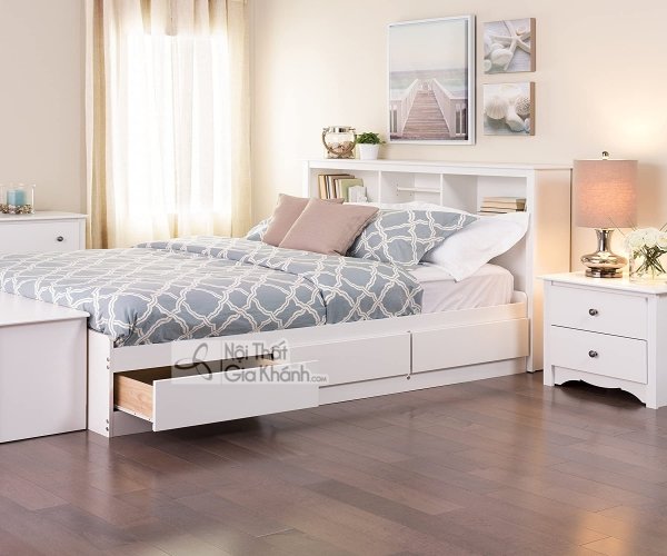 Giường màu trắng có ngăn kéo liền giá sách