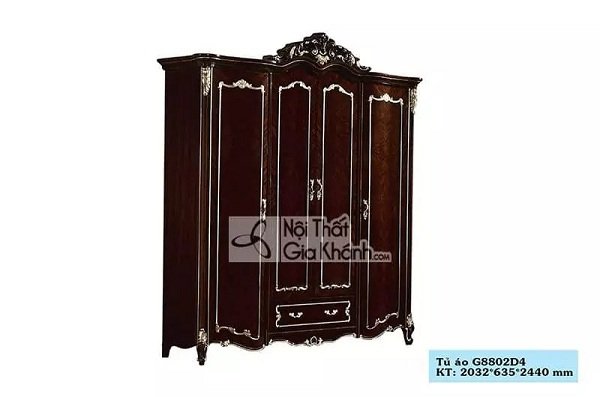 Tủ quần áo 4 cánh gỗ sồi màu nâu nho TU8802G phong cách tân cổ điển