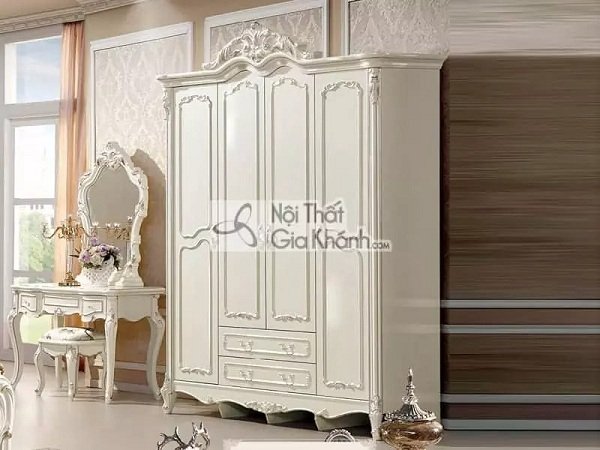 Tủ quần áo gỗ sồi 4 cánh TU8806H màu trắng có 2 ngăn kéo
