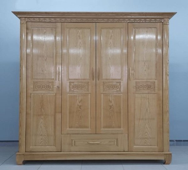 Tủ quần áo gỗ sồi 4 cánh giữ màu tự nhiên chạm khắc tối giản